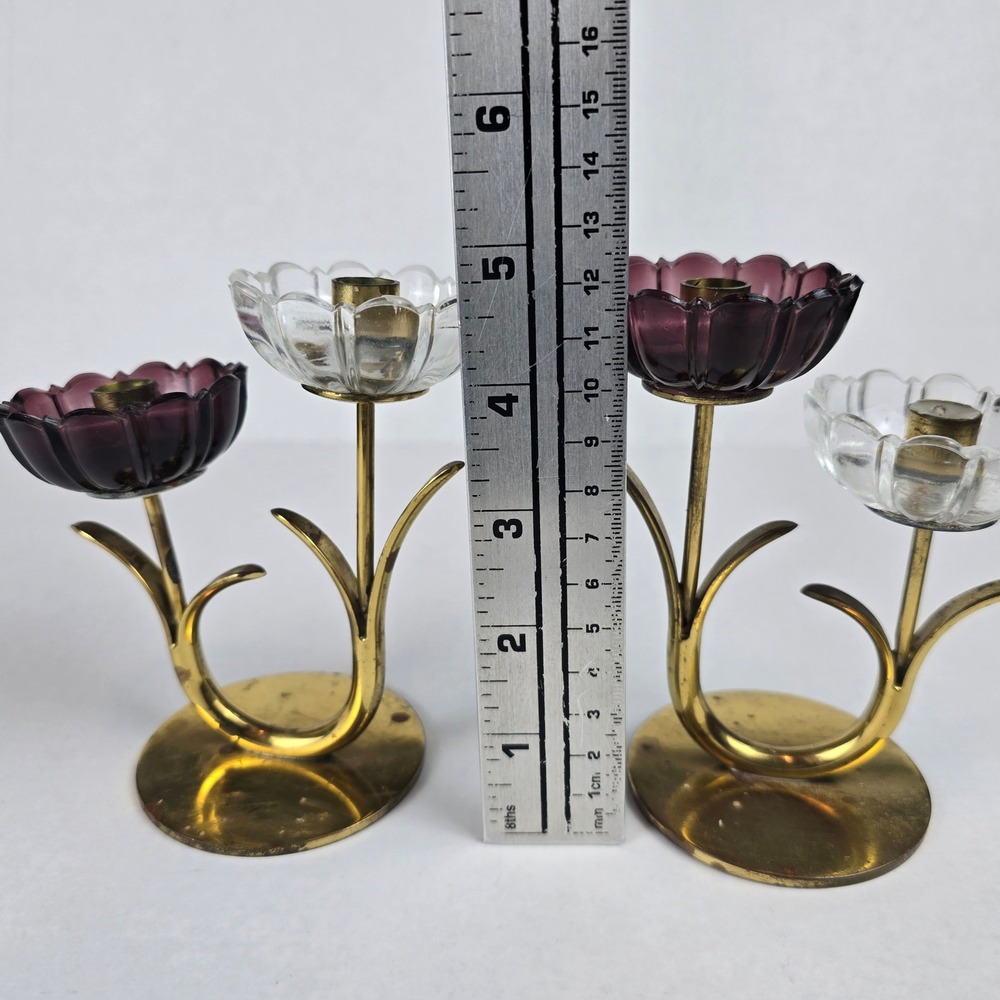 MCM Swedish Gunnar Ander Ystad Metall Brass Art Glass Flower Candle Holders Pair - Picture 3 of 9